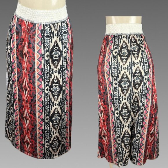 Denim 24/7 +22/24 Red Aztec Print Textured Stretch Waistband Lined Midi Skirt - Picture 1 of 6